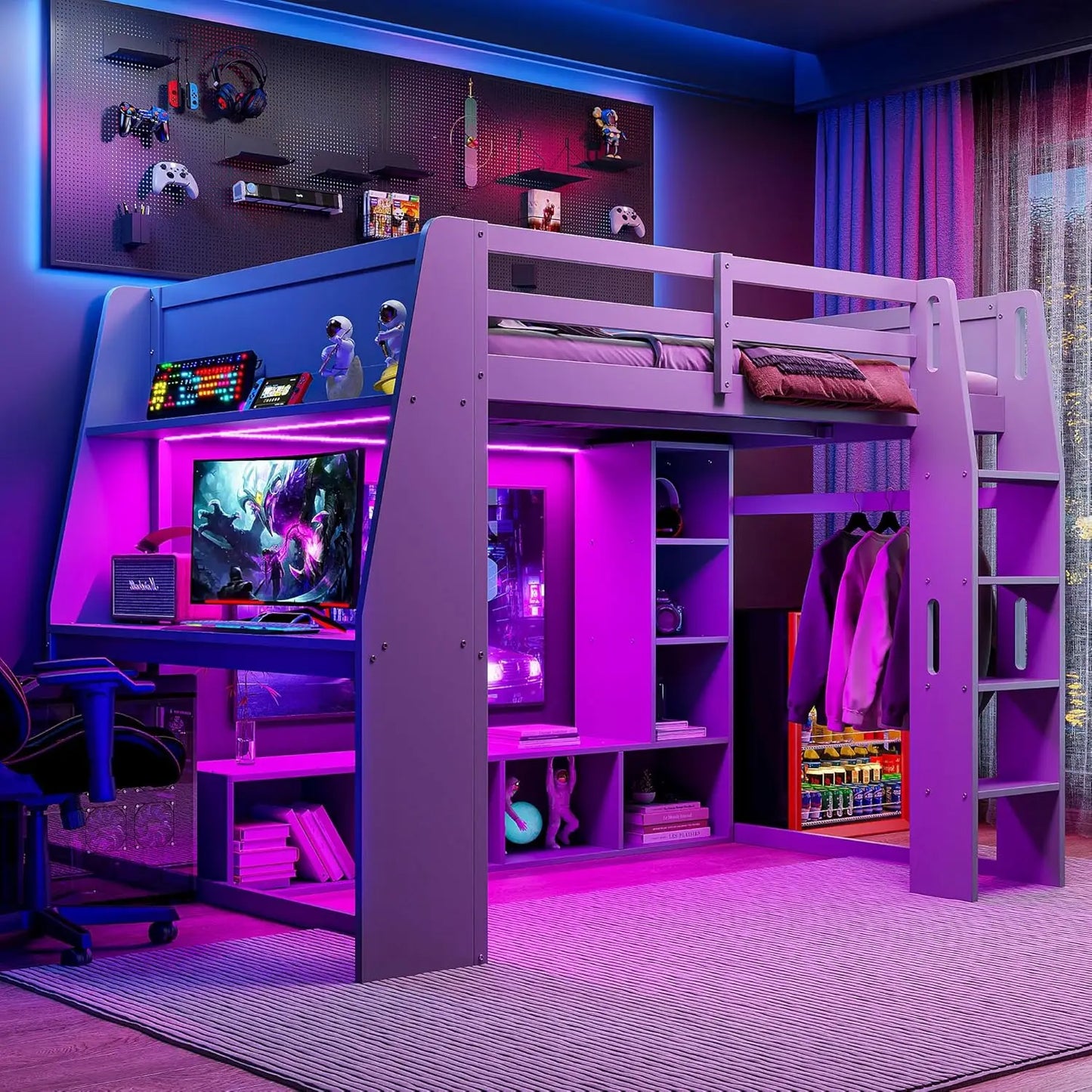 Wood Gaming Loft Bed With Desk Storage LED ChargingStation