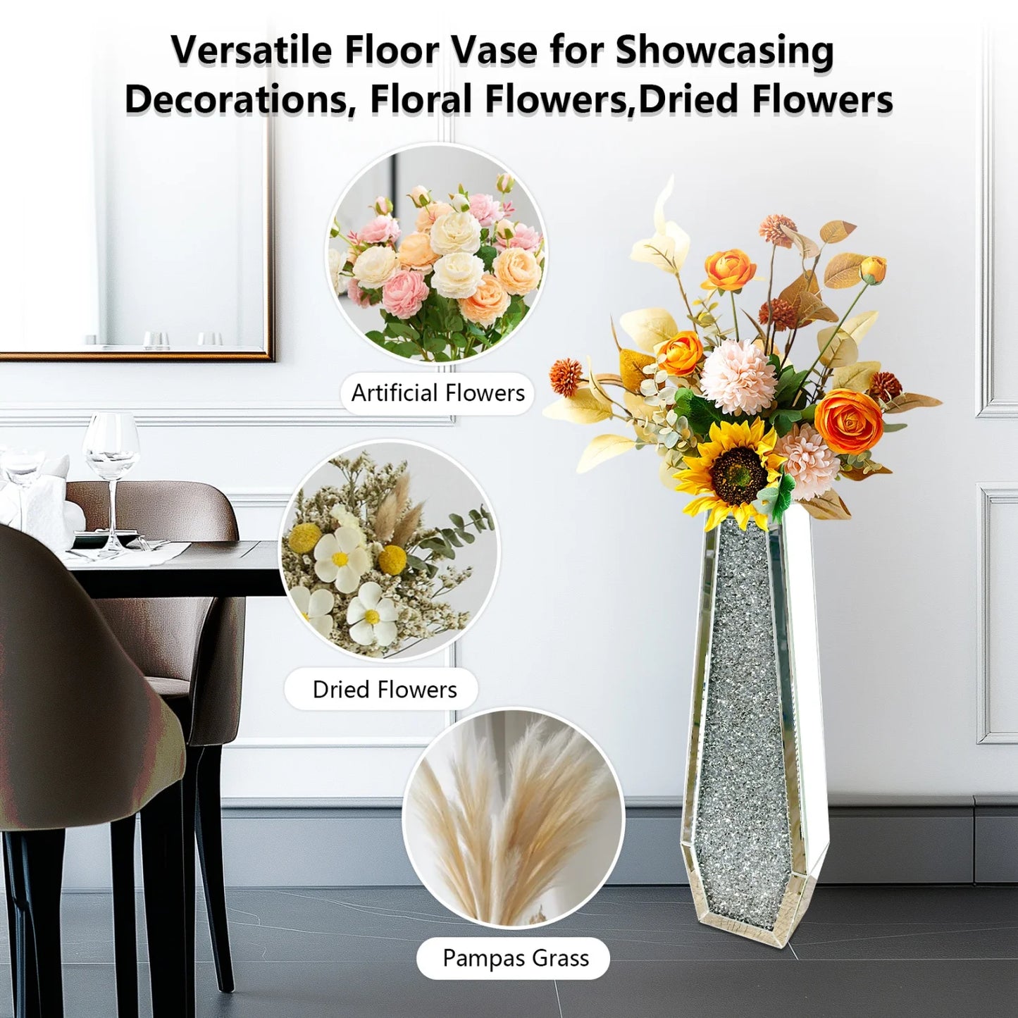 Mirrored Floor Vase Crushed Diamond Glass Decor Living Room