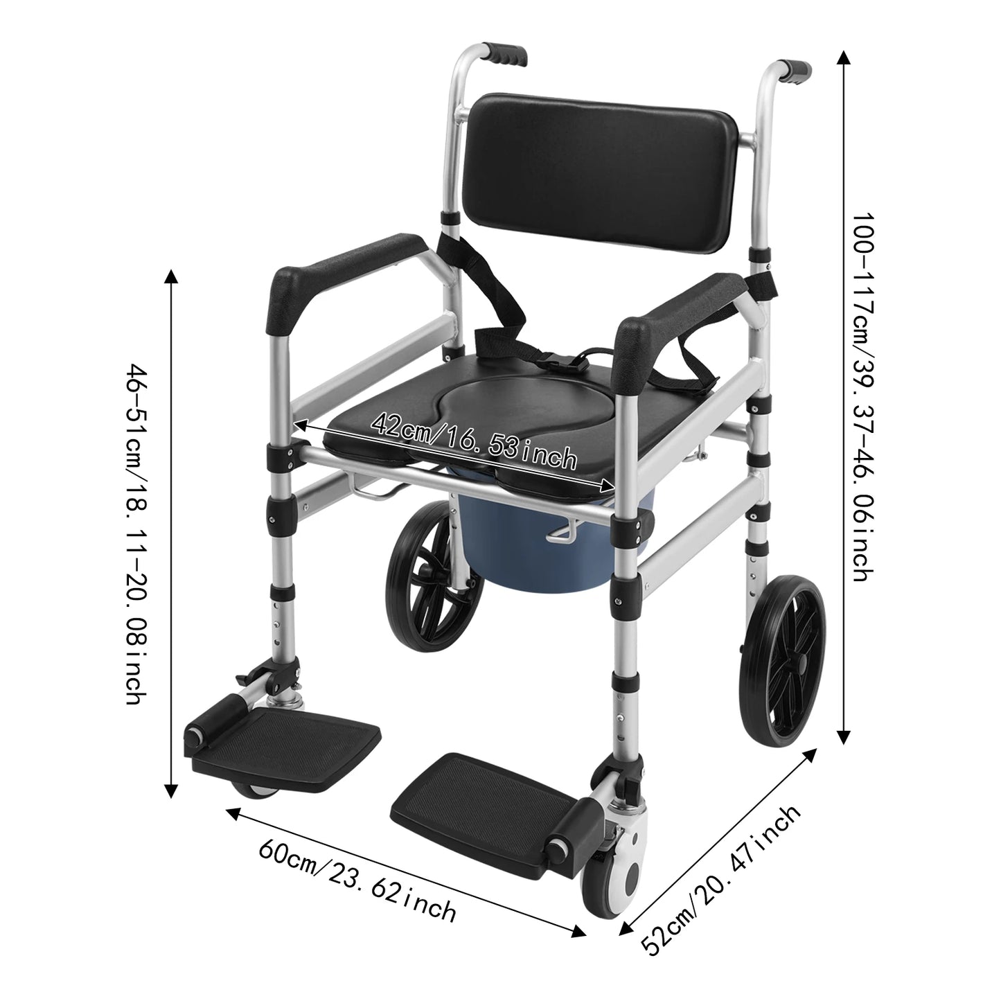 Foldable Rolling Shower Chair With Aluminum Height Adjustment Commode