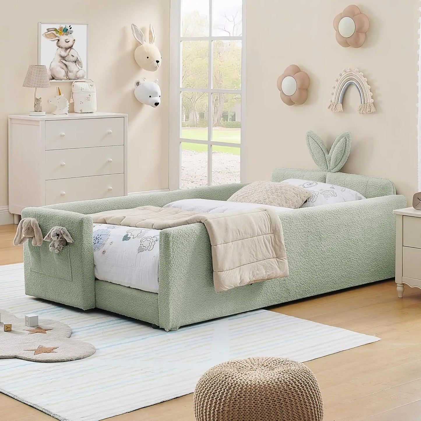 Boucle Upholstered Rabbit Ear Headboard Platform Bed For Kids
