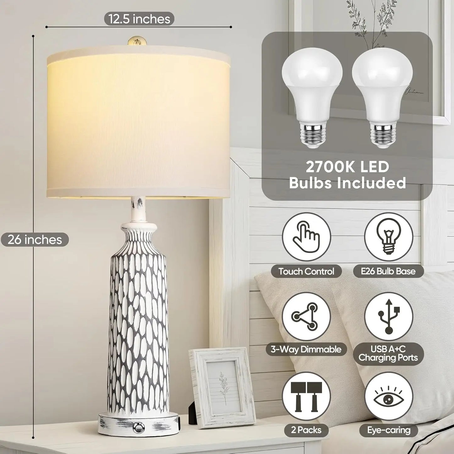Modern Table Lamps Set Of 2 With USB A C Ports And 3 Way Dimmable Touch Control