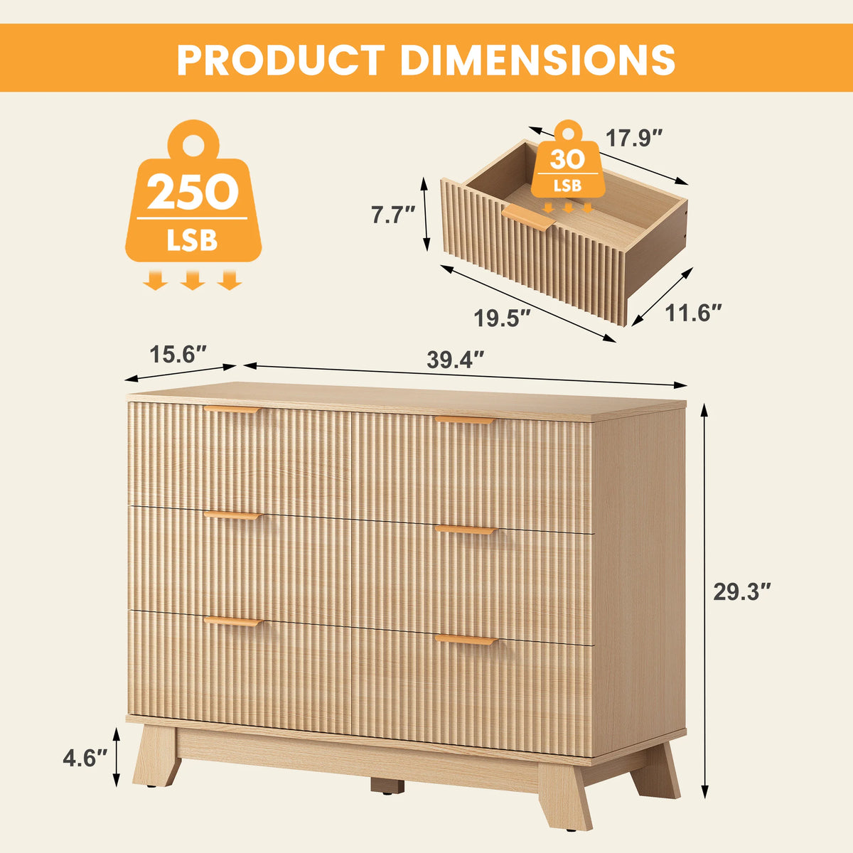 JHK Fluted Wooden Six Drawer Dresser Cabinet Storage Organizer