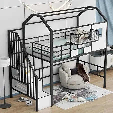 DAFIFY Loft Bed With Stairs And Roof For Kids Sturdy Metal