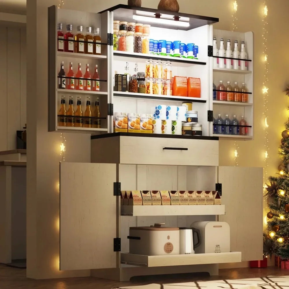 71 Inch Tall Fluted Kitchen Pantry Cabinet with LED Light and Ample Storage