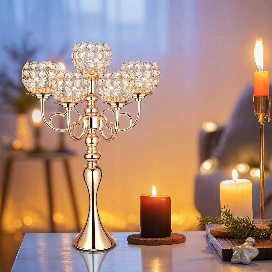 5-Arm Crystal Tealight Candle Stand Heart Shape Wedding Centerpiece
