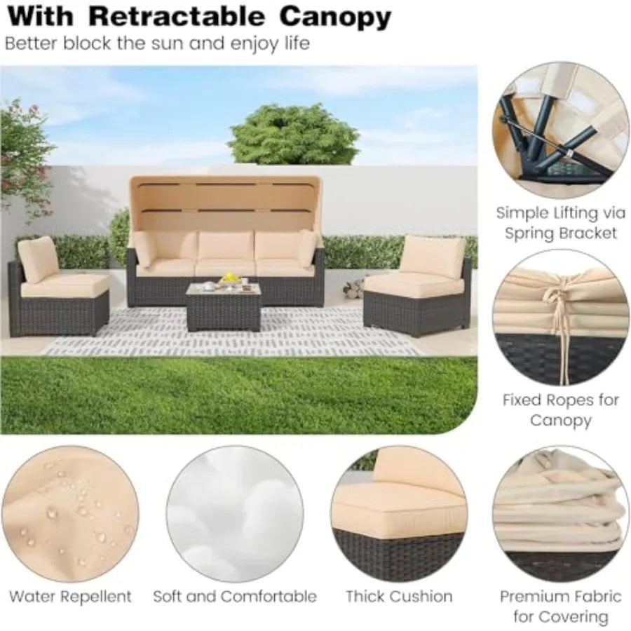OLOEY Patio Furniture Set Wicker Sofa With Retractable Canopy And Storage Table