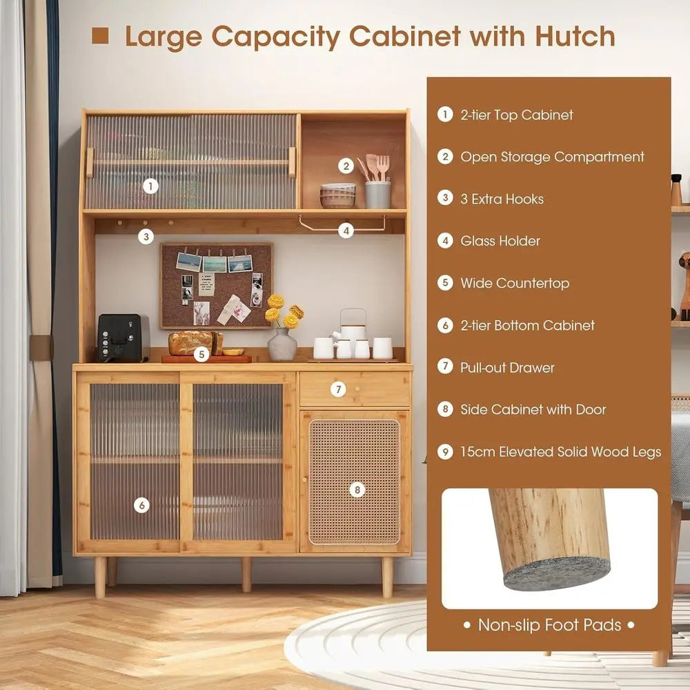 Sturdy Bamboo Pantry Cabinet With Storage And Microwave Stand