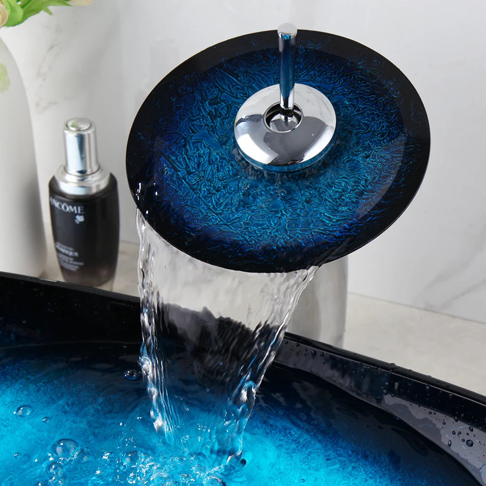 Torayvino Tempered Glass Vessel Sink With Waterfall Faucet