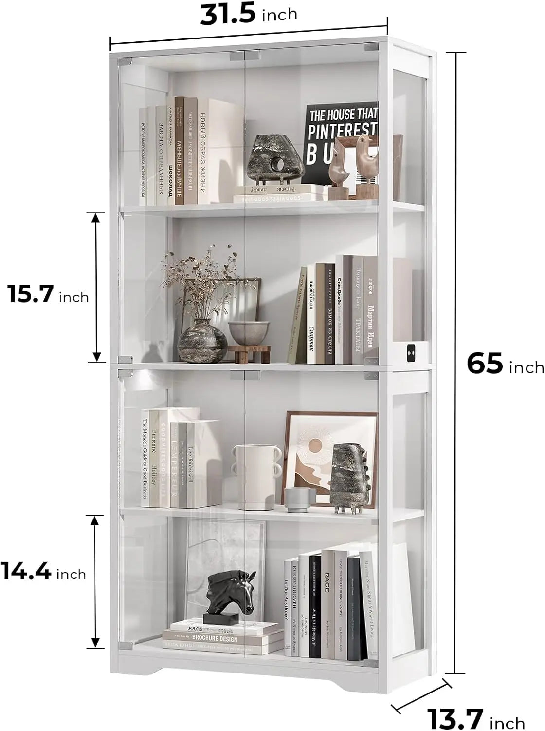 XMSJ Glass Display Cabinet With 4 Tier Curio Shelves And LED Lighting For Collectibles