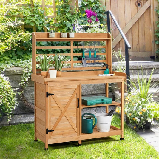 Outdoor Potting Bench Work Table With Storage Cabinet Shelf