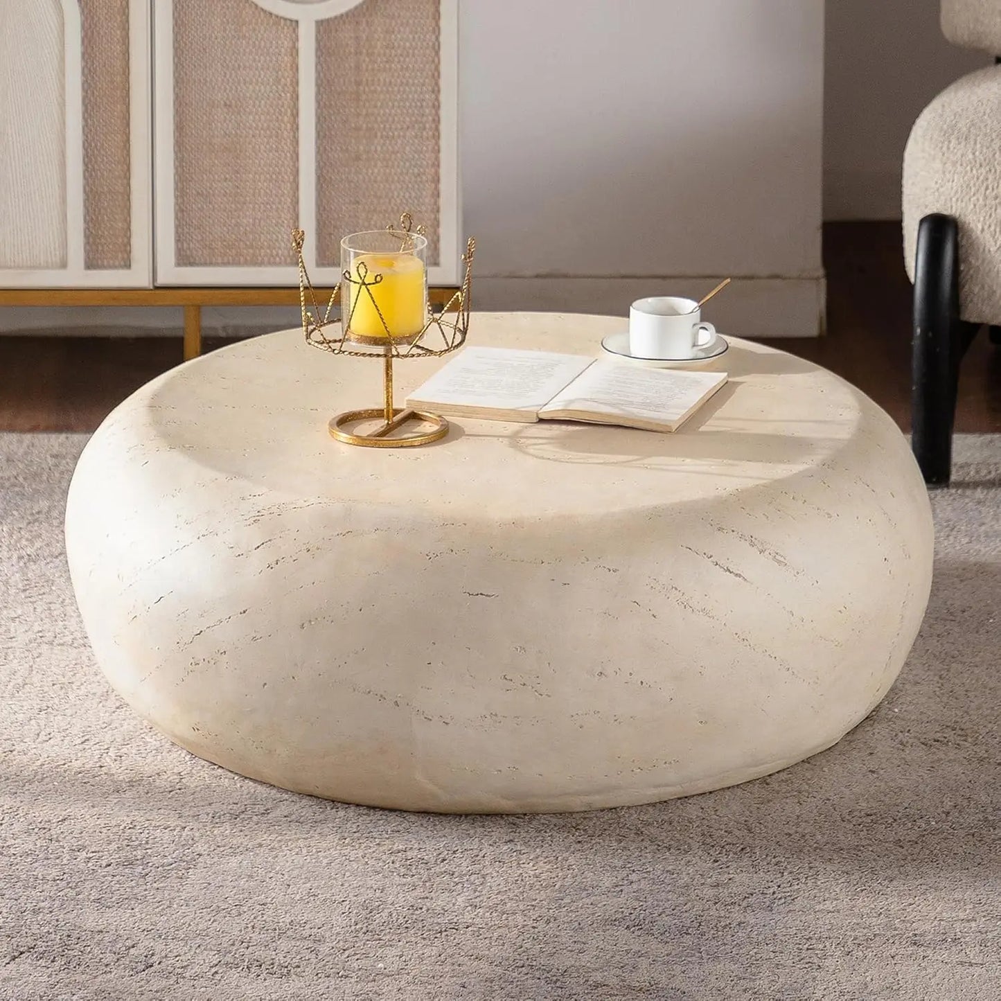 Mid Century Round Coffee Table With Faux Stone Design
