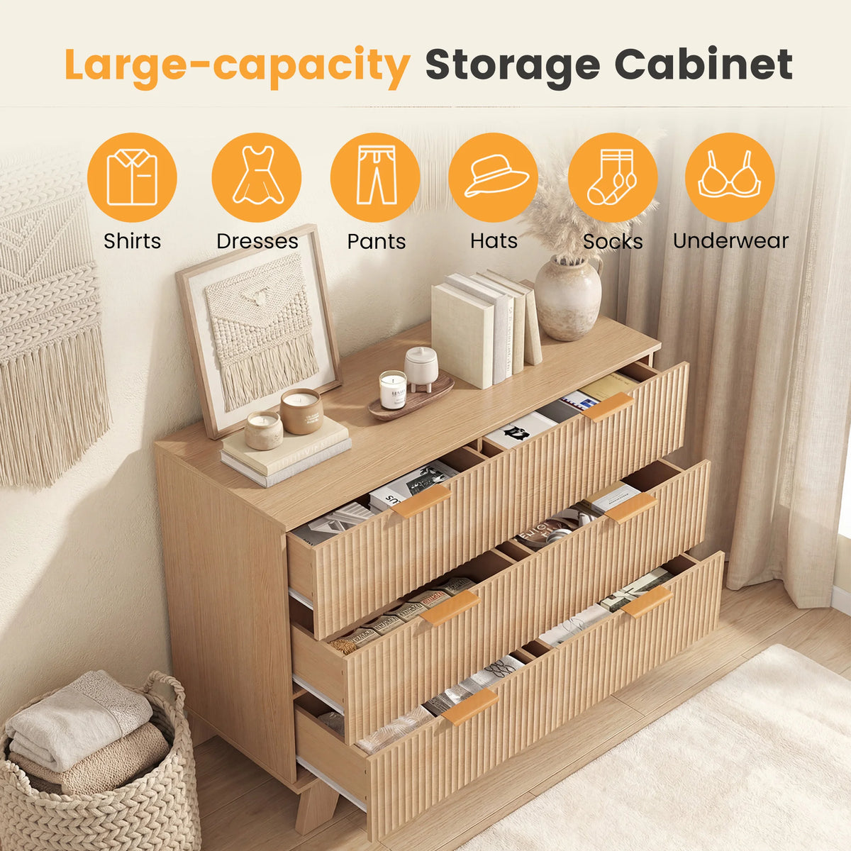 JHK Fluted Wooden Six Drawer Dresser Cabinet Storage Organizer