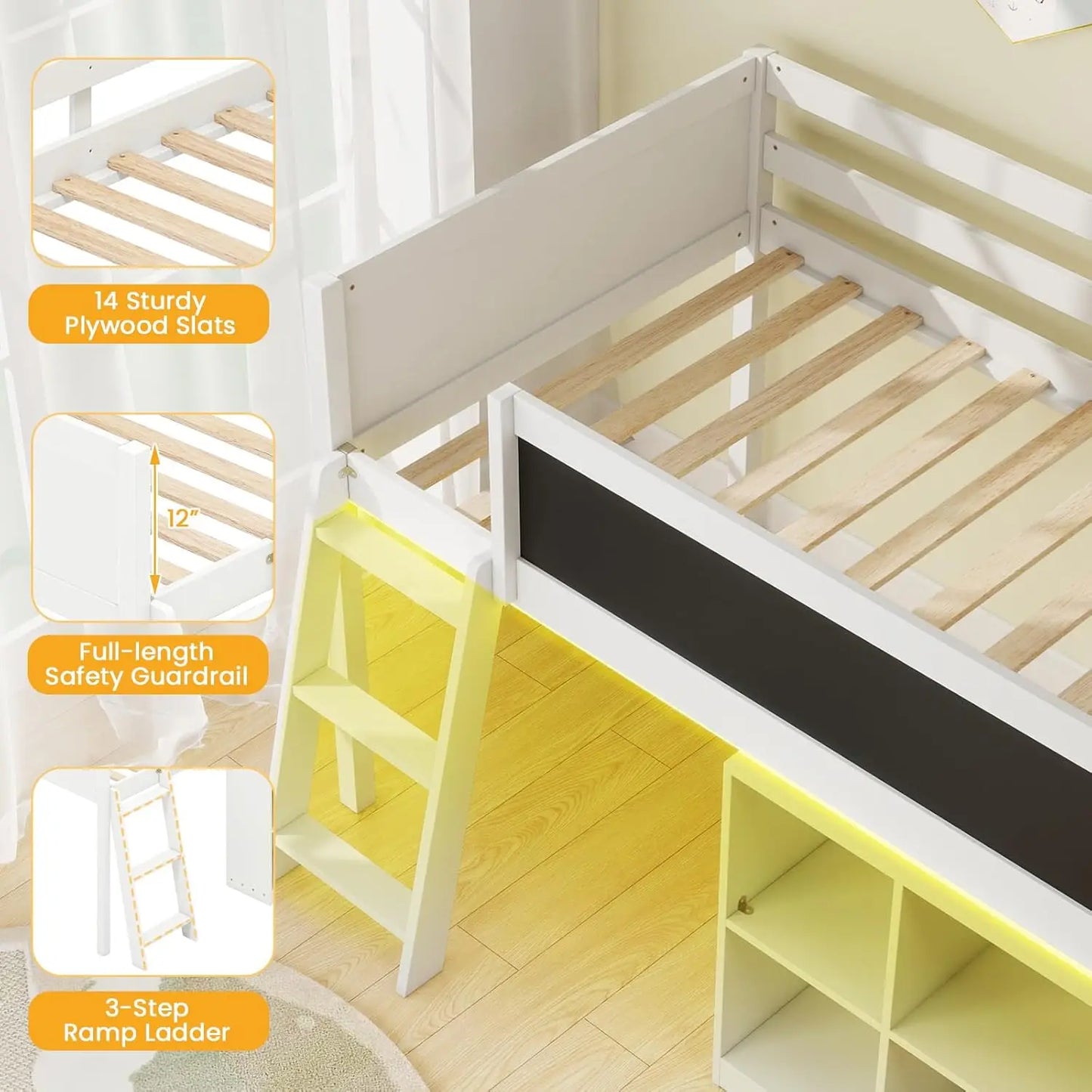 Wood Loft Bed With LED Lights Chalkboard Under-Bed Storage