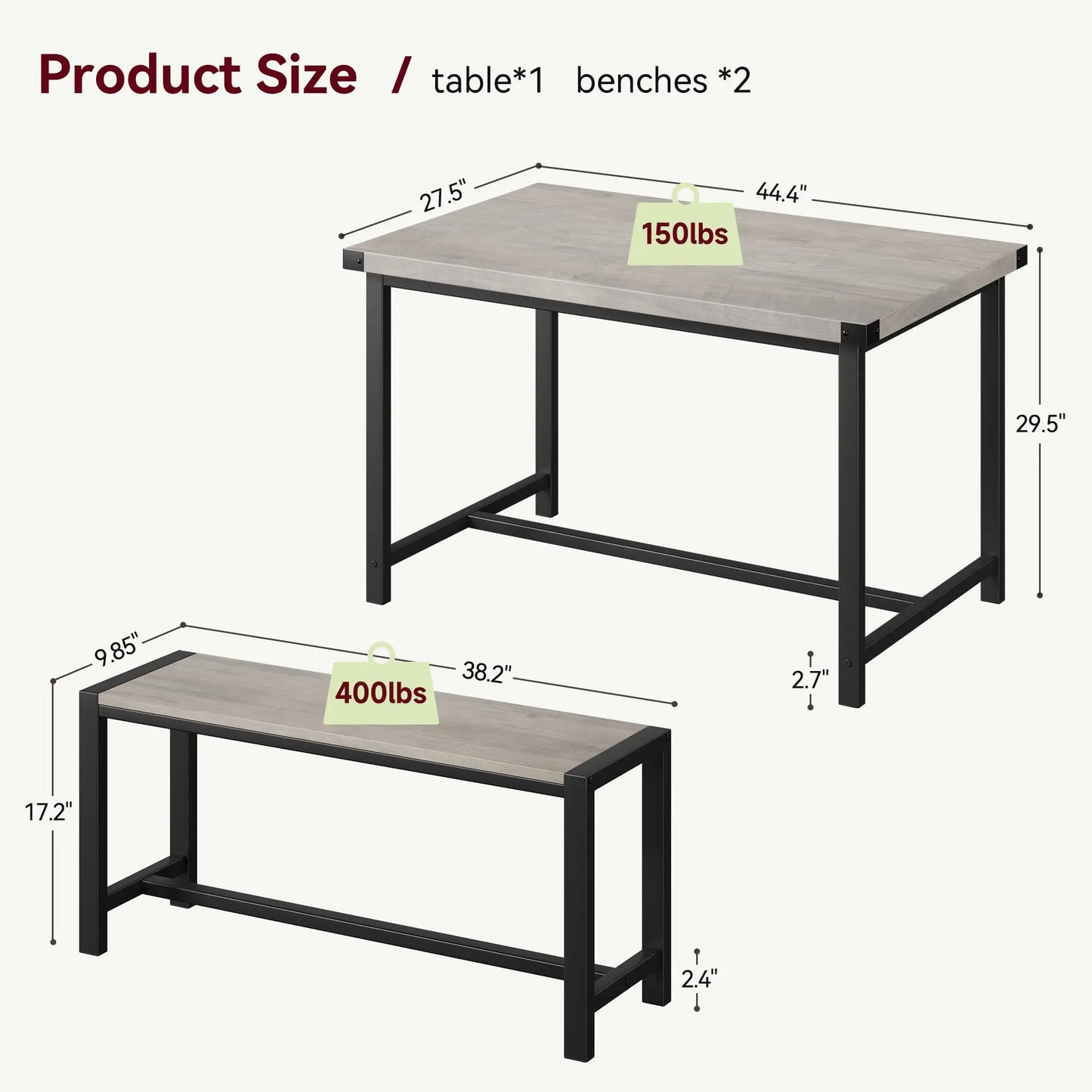 HiMISS Dining Table Set For 4 With Metalwood Benches