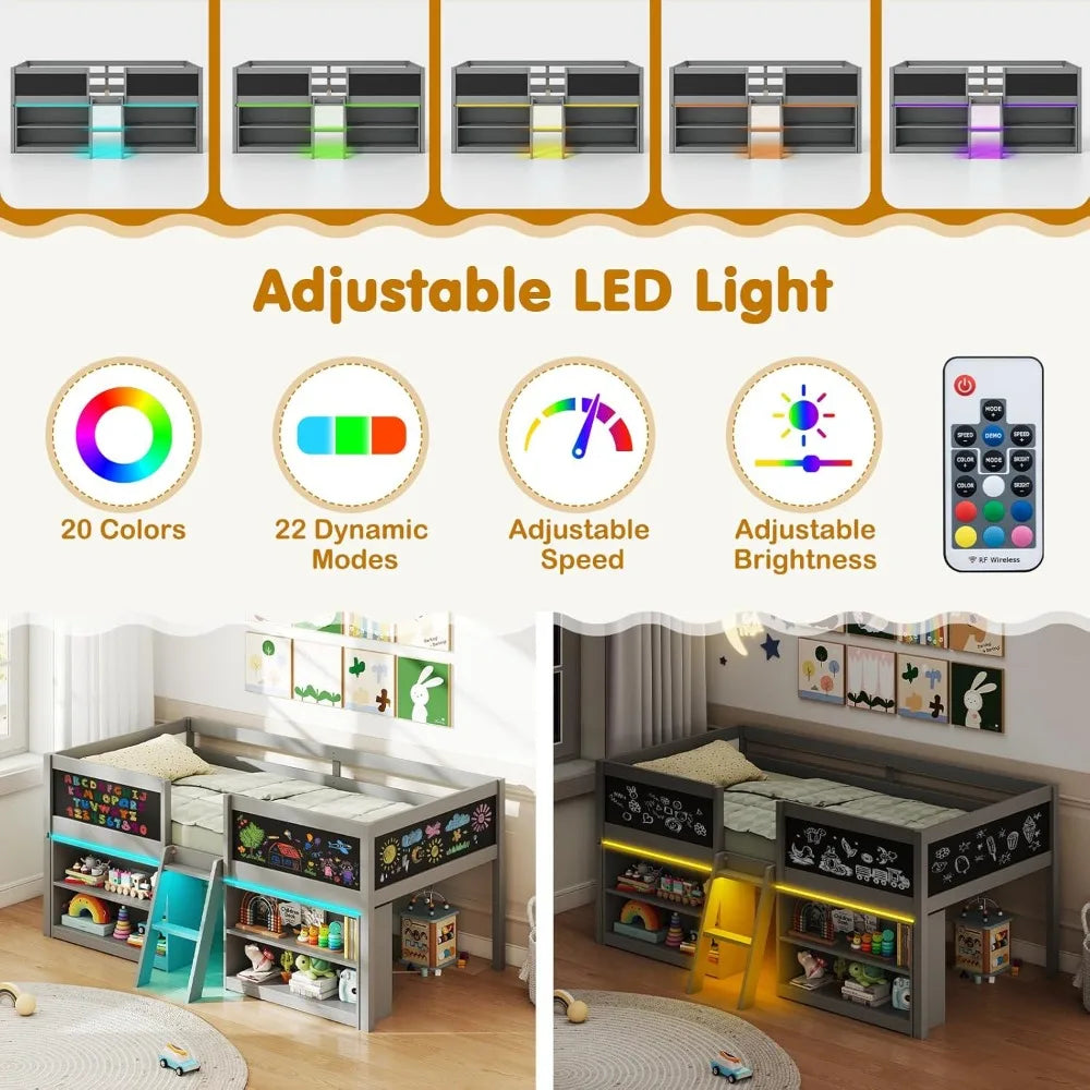 Wooden Loft Bed With LED Lights And Storage