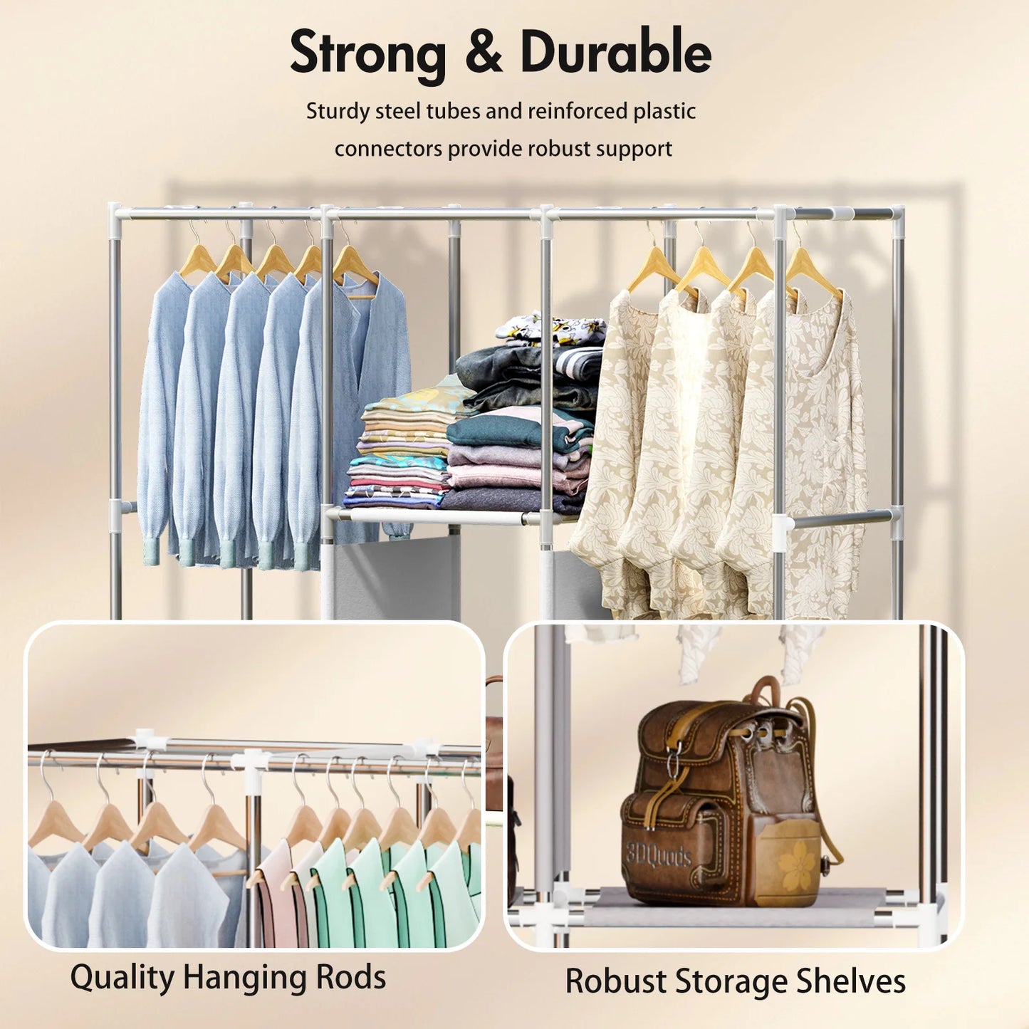 Portable Closet Storage Organizer With 3 Bars Nonwoven Fabric