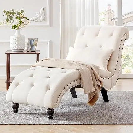 Tufted Soft Chaise Lounge Chair for Bedroom and Living Room in Beige Linen