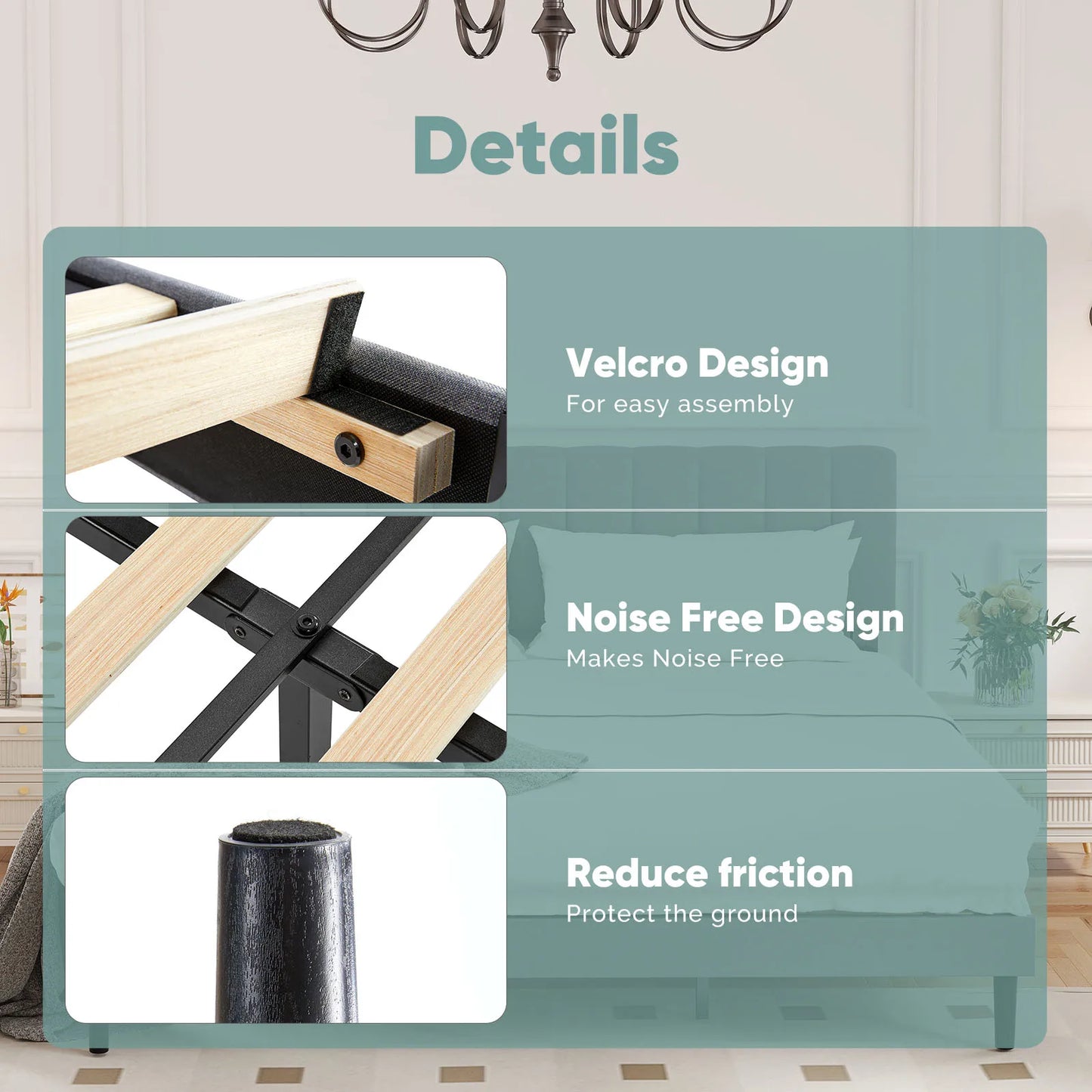 JHK King Wooden Bed Frame With Fabric Upholstered Slats