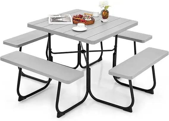 Outdoor Square Picnic Table With BuiltIn Benches Umbrella Hole