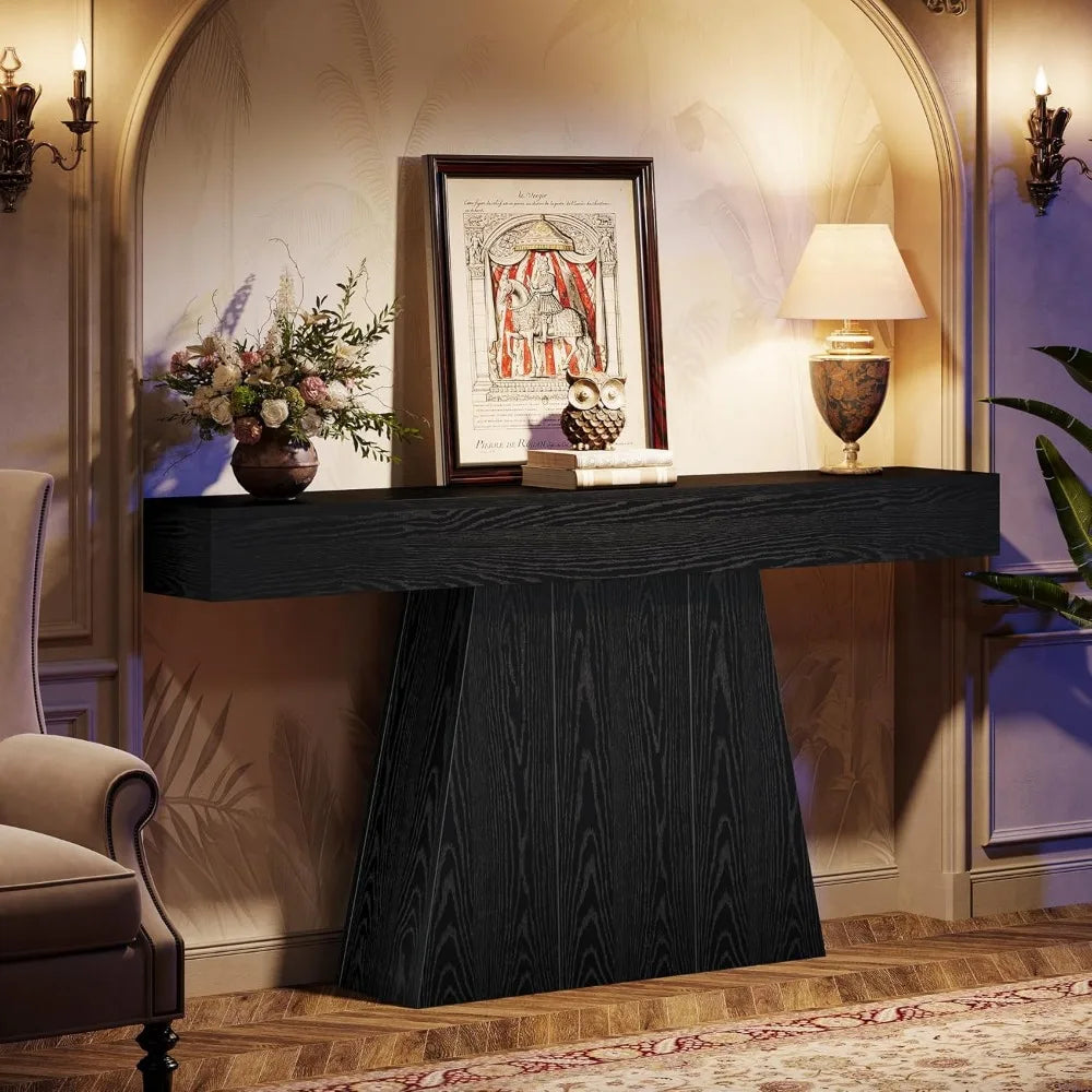 63 Inch Black Farmhouse Console Table with Trapezoidal Base for Entryway