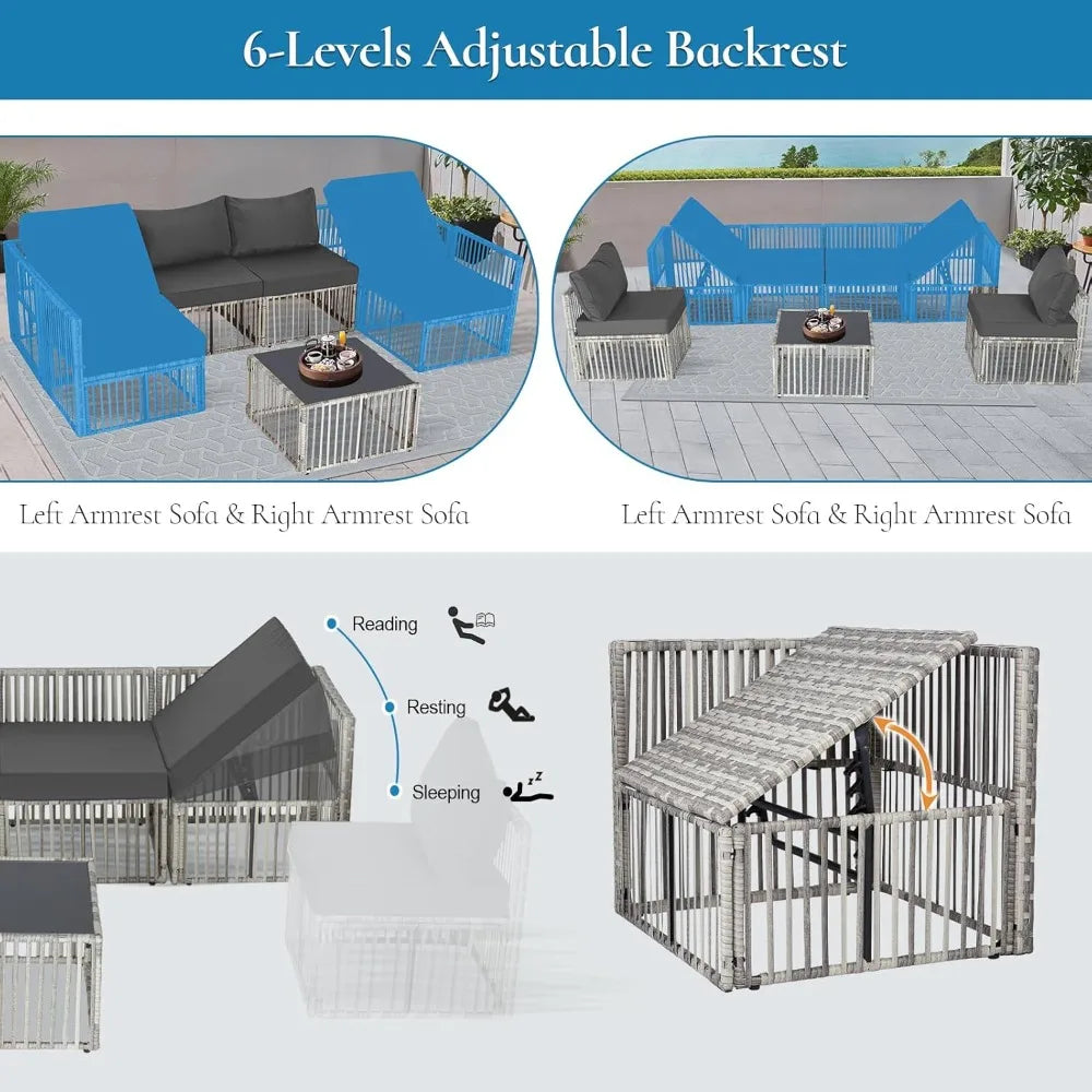 7 Piece Outdoor Wicker Patio Furniture Set with Adjustable Backrest Grey Cushions