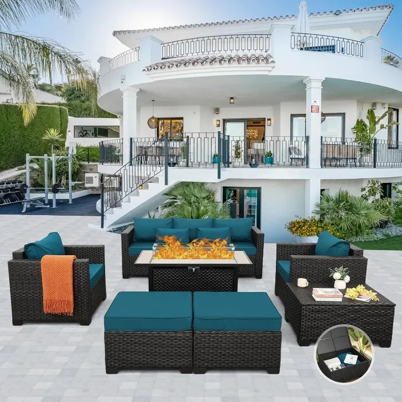 Outdoor Propane Fire Pit Table Seven Piece Patio Set
