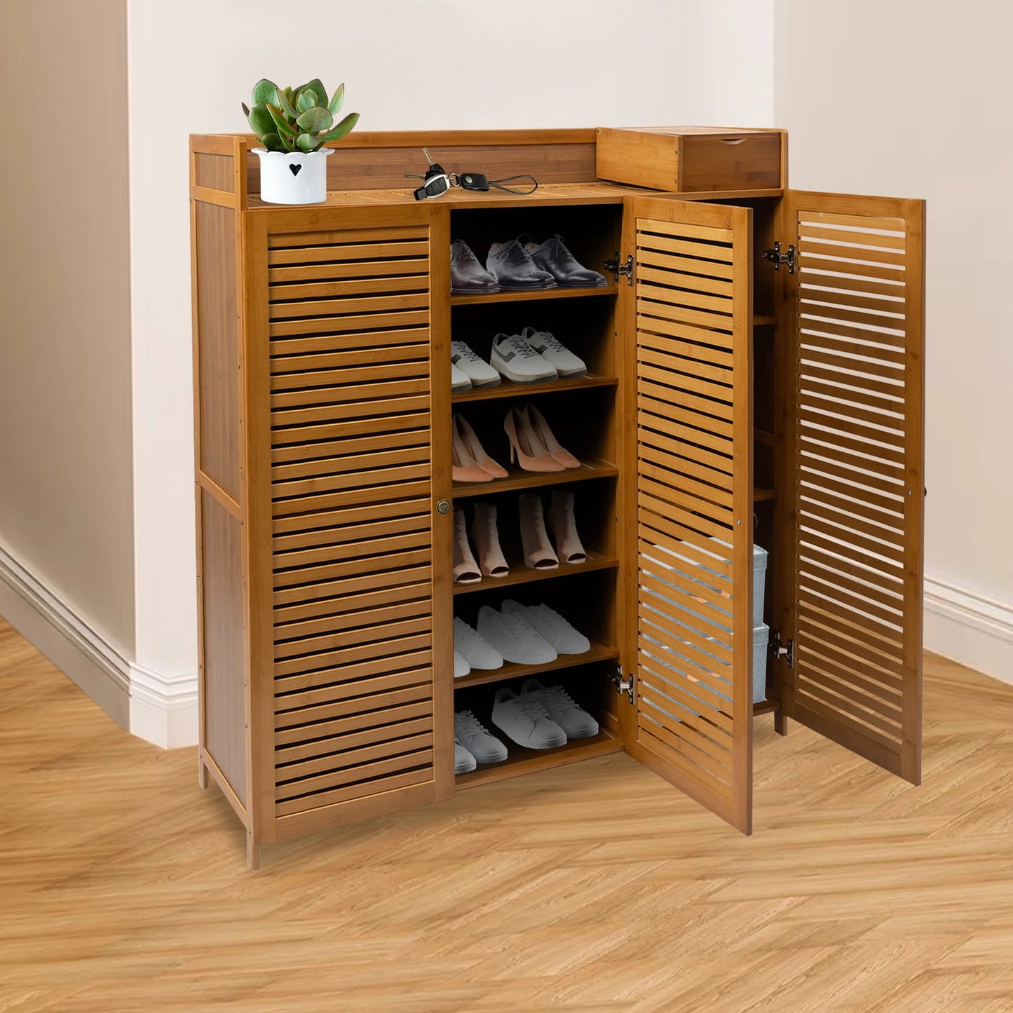 MDF Bamboo Shoe Cabinet With Doors for Hallway Storage