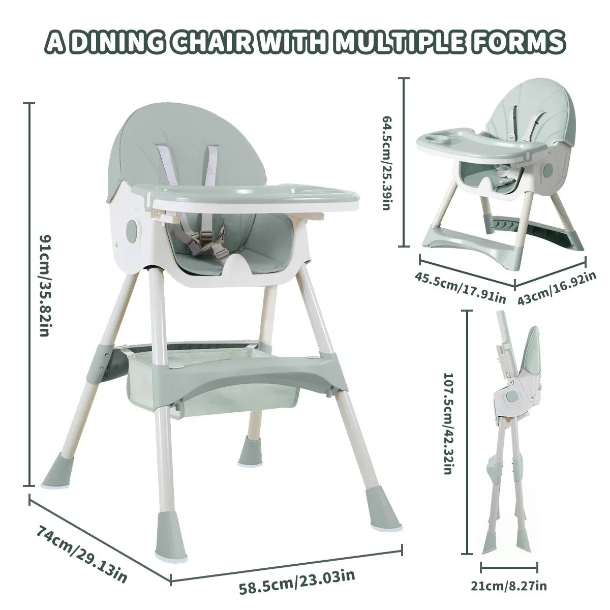 Foldable Children's Feeding Chair Adjustable Backrest High