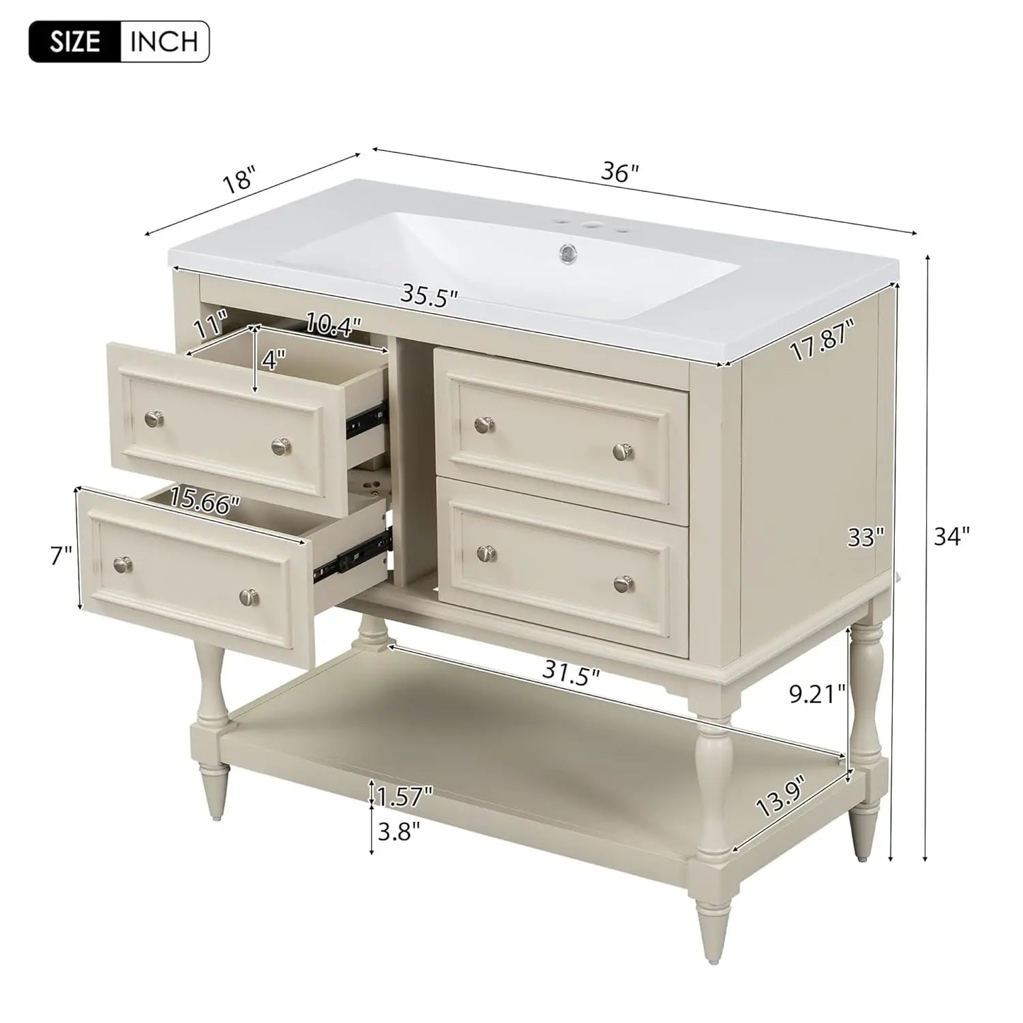 Bathroom Vanity Single Sink Freestanding Cabinet With 4 Drawers Open Shelf