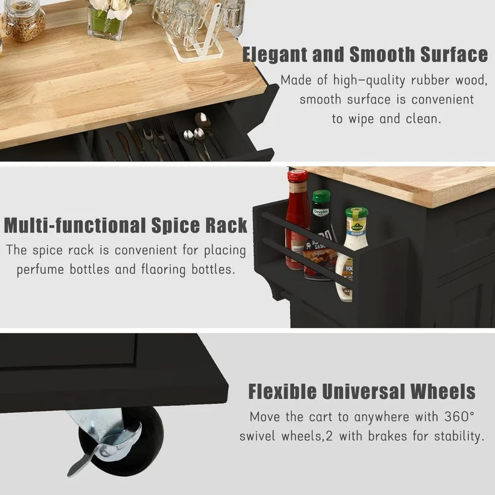 Wood Kitchen Island Cart with Wheels and Towel Holder