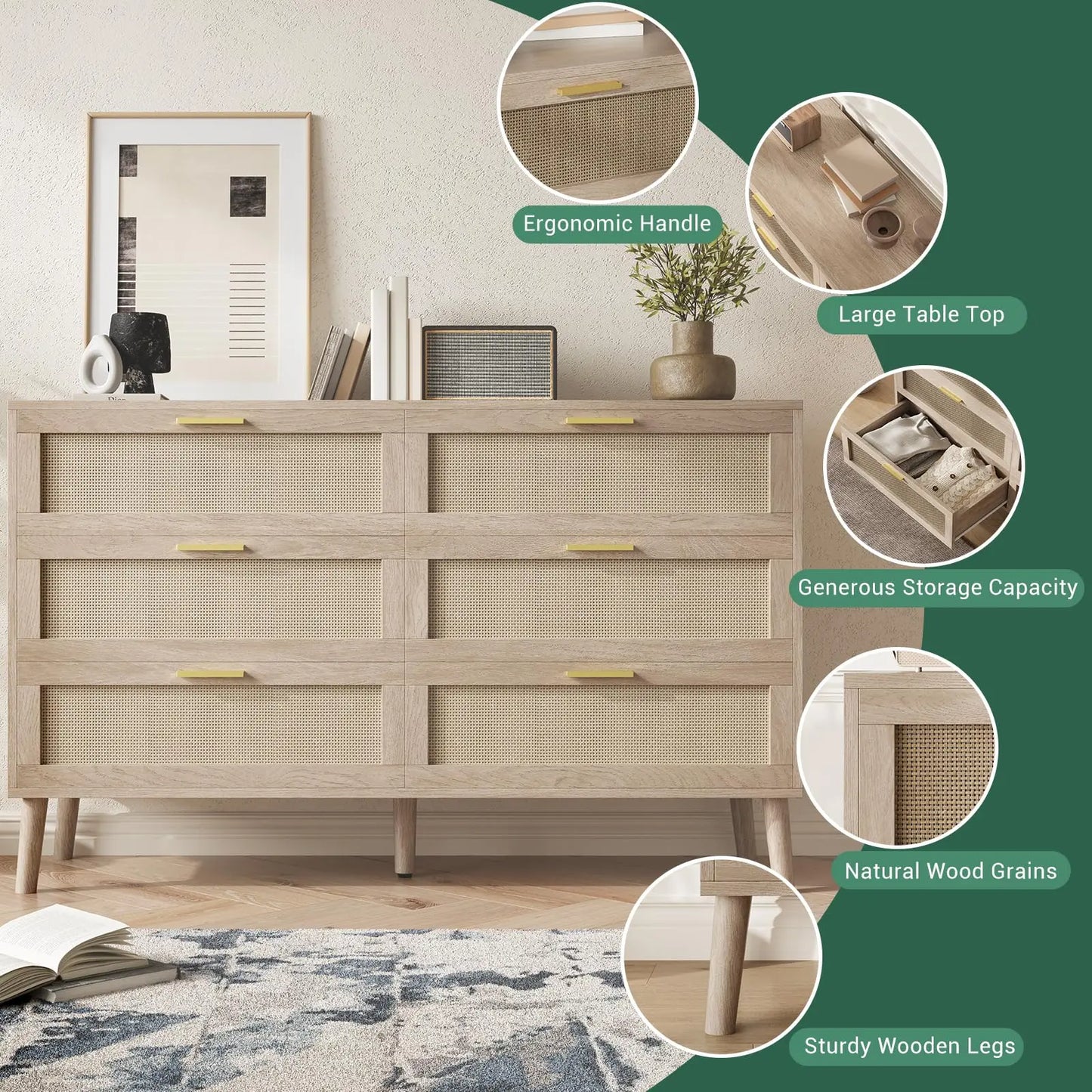 HiMISS Rattan 6 Drawer Dresser