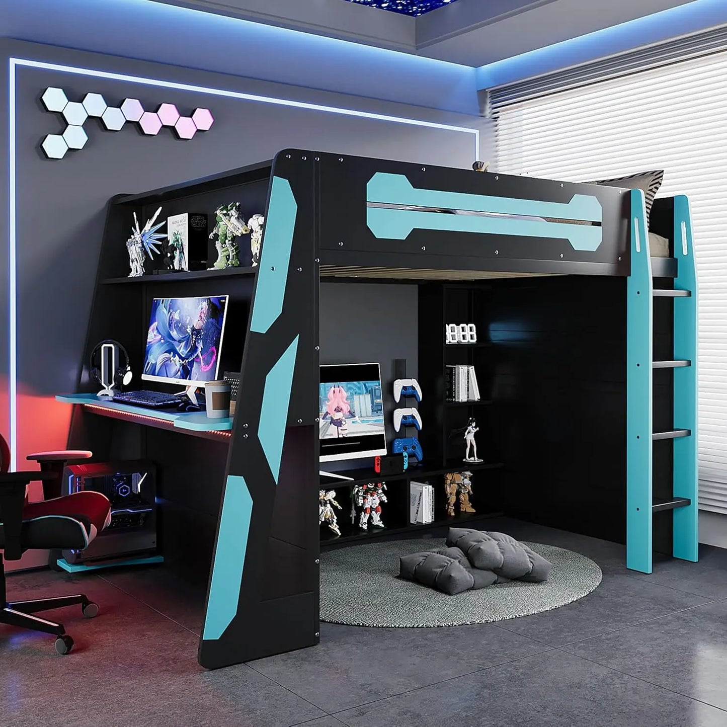 Wood Gaming Loft Bed With Desk Storage LED ChargingStation