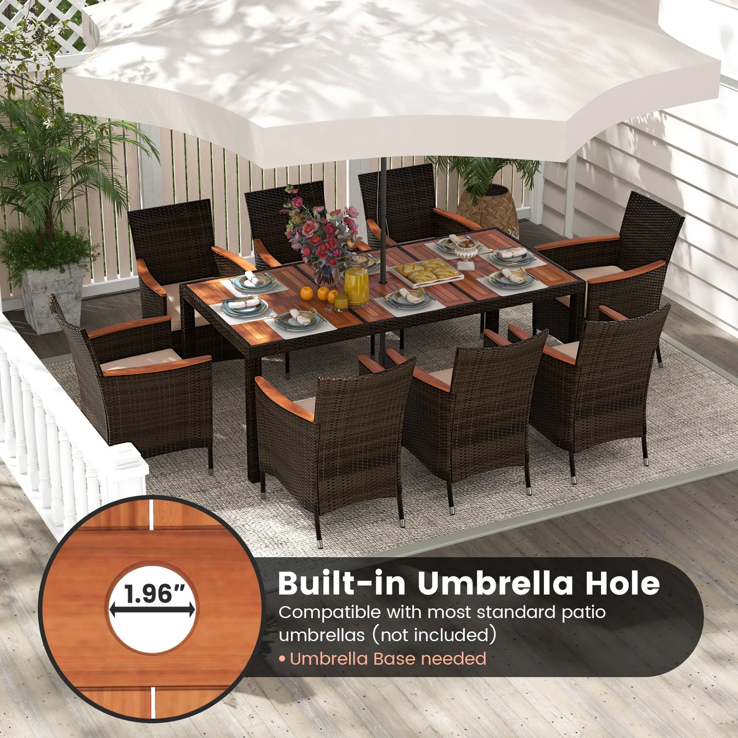 HOMASIS 9Pcs Patio Wicker Dining Set With Umbrella Hole