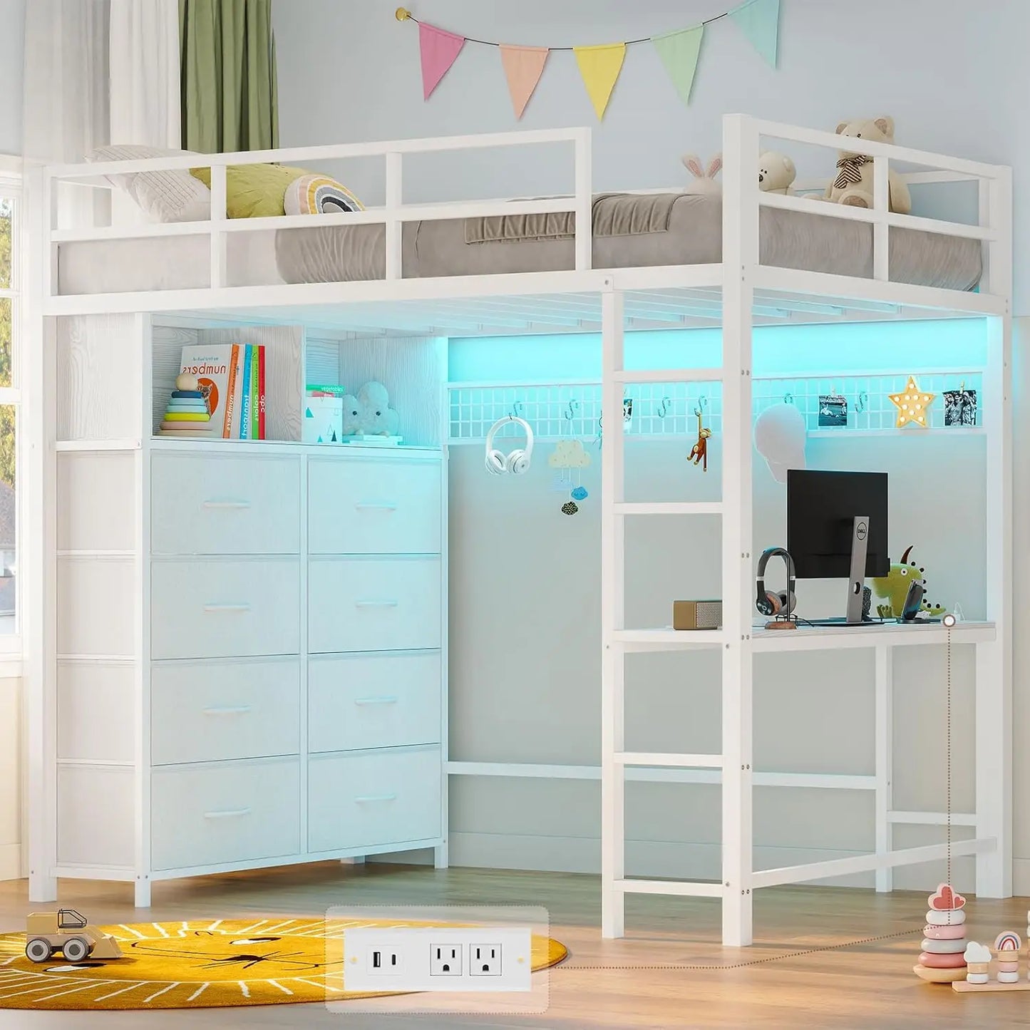 Metal Kids Loft Bed With Integrated Desk, Storage, LED