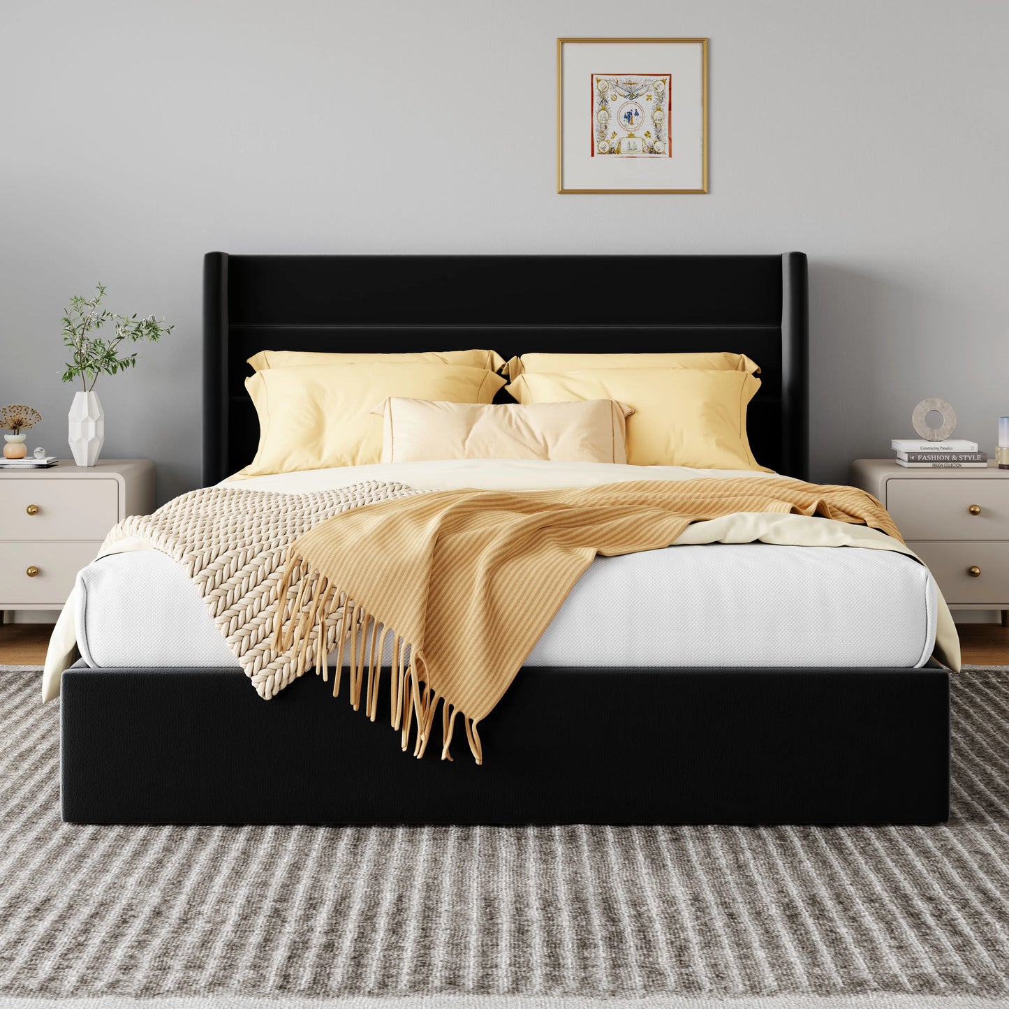 Allewie Hydraulic Lift Up Storage Bed With Wingback Headboard