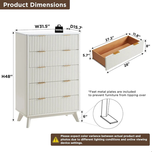 Modern Fluted Wooden Five Drawer Dresser Cabinet Bedroom Living