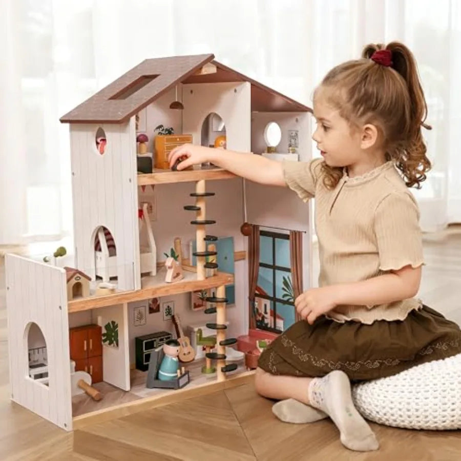 OLOEY Wooden Doll House With 53 Pcs Furniture Six Rooms Spiral Staircase Balcony