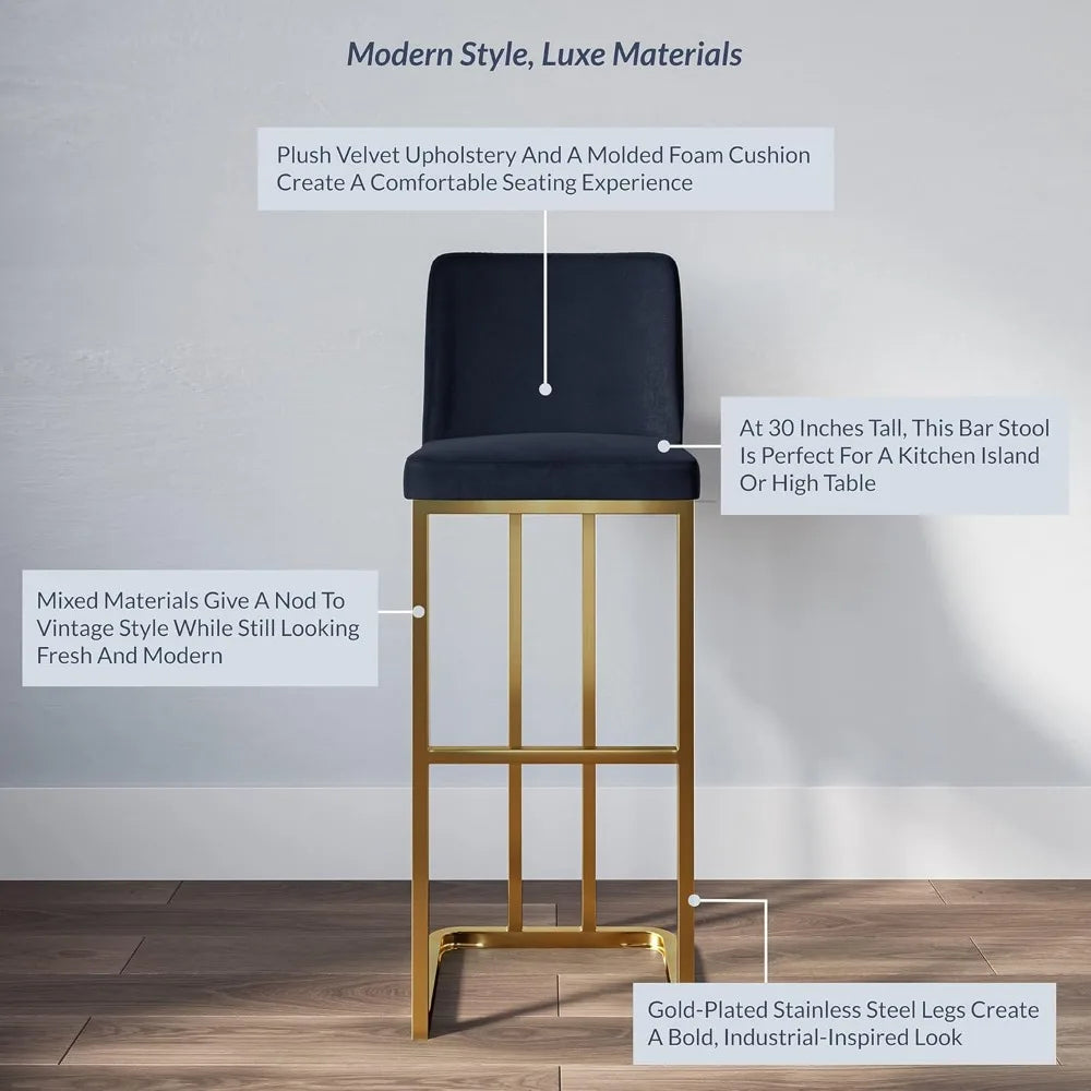 30 Inch Upholstered Velvet Barstools Set of 2 with Gold Metal Frame