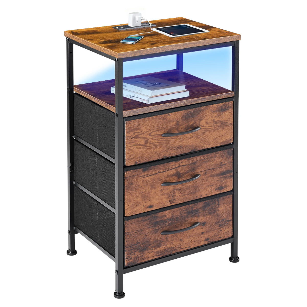 JHK Fabric Drawer Nightstand With Charging Station USB Ports