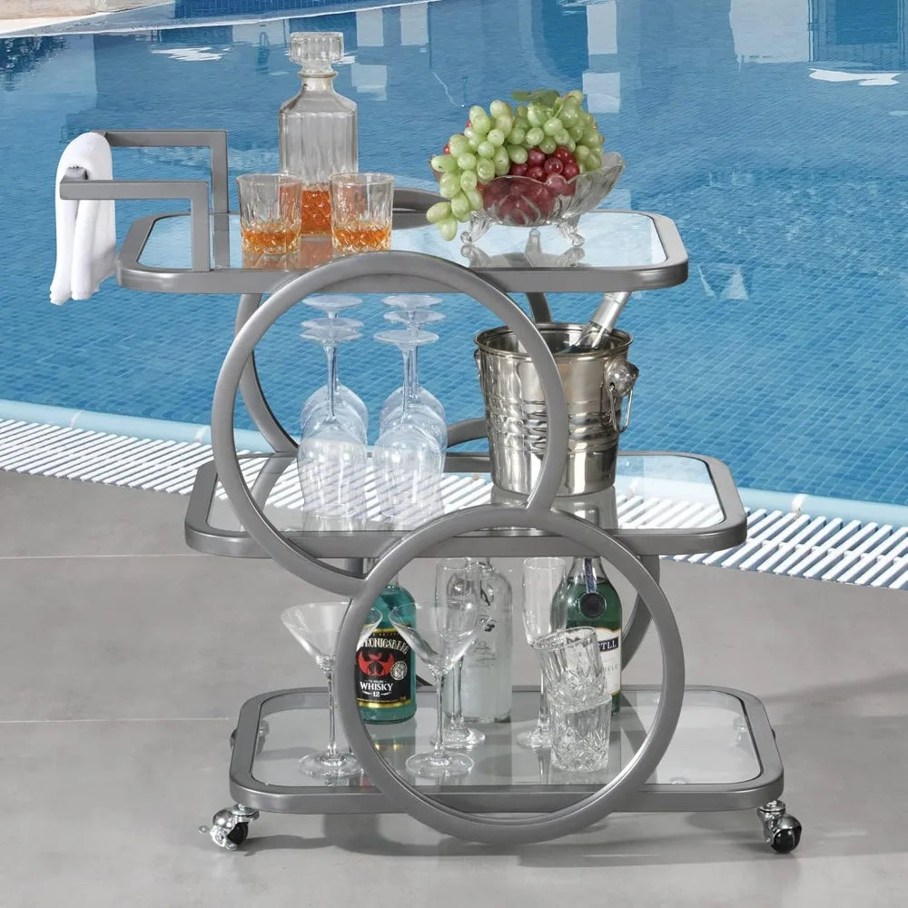 Three Tier Bar Cart With Wheels And Crystal Shelves