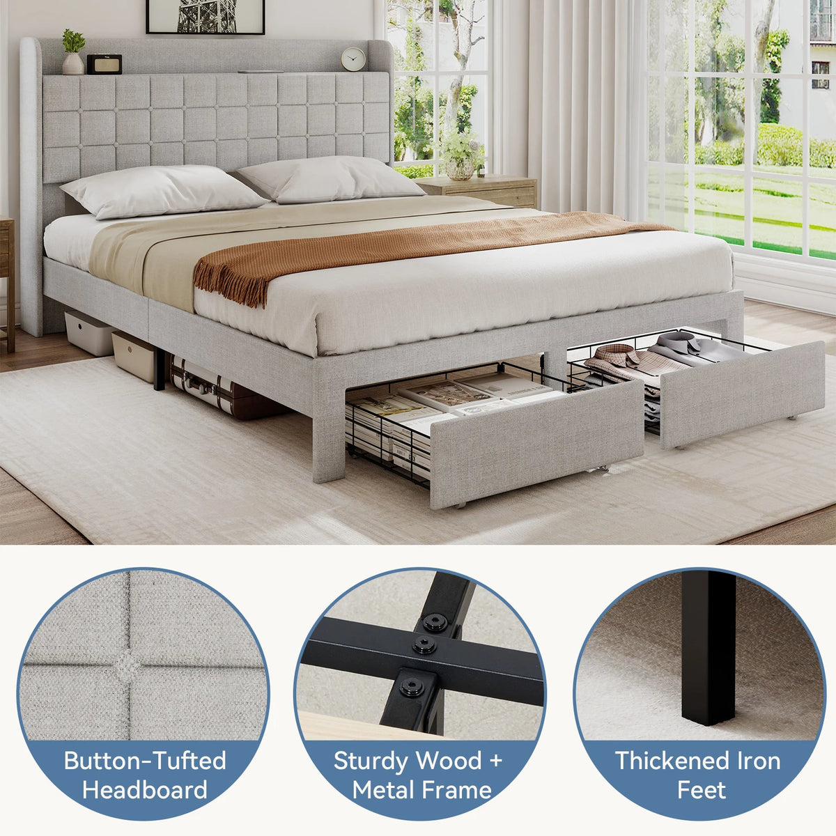 MCQ Upholstered Platform Bed Frame With Storage Drawers