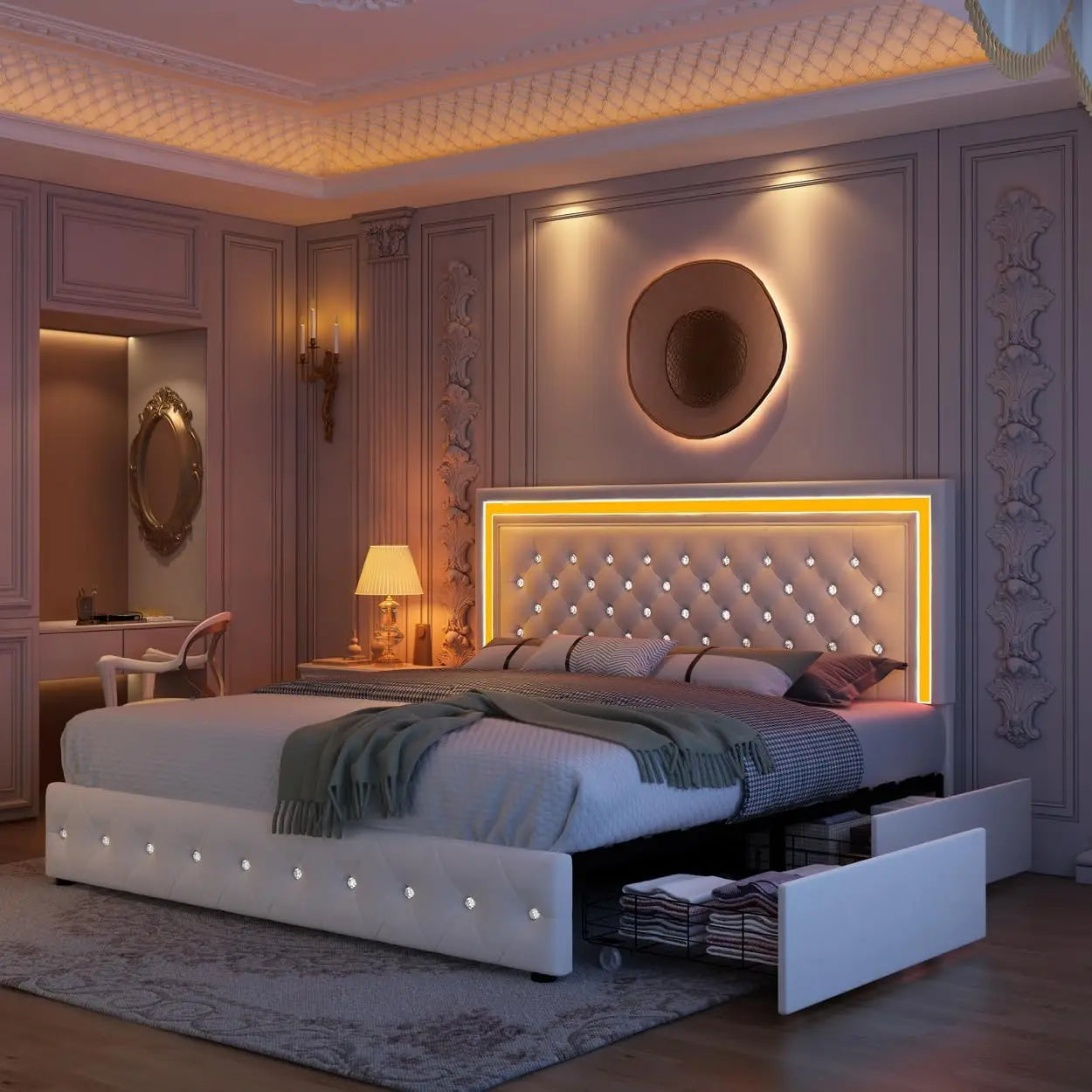 Bed Frame With LED Lighting And Stowaway Storage Drawers