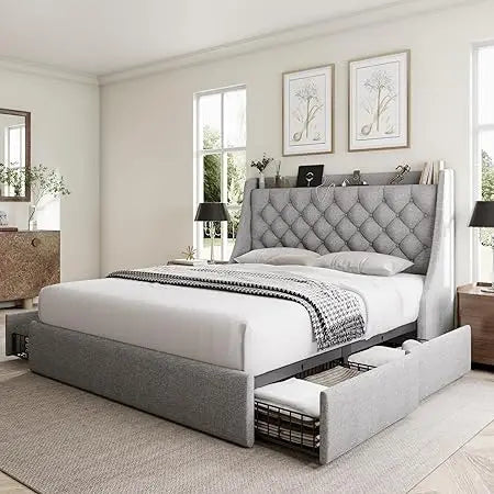 RBXC Bed Frame With Storage Drawers And Wingback Headboard