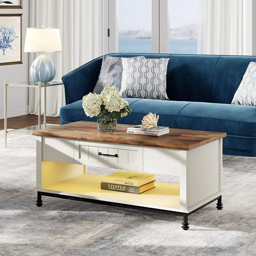 Farmhouse Coffee Table with Yellow LED Lights and Storage for Living Room