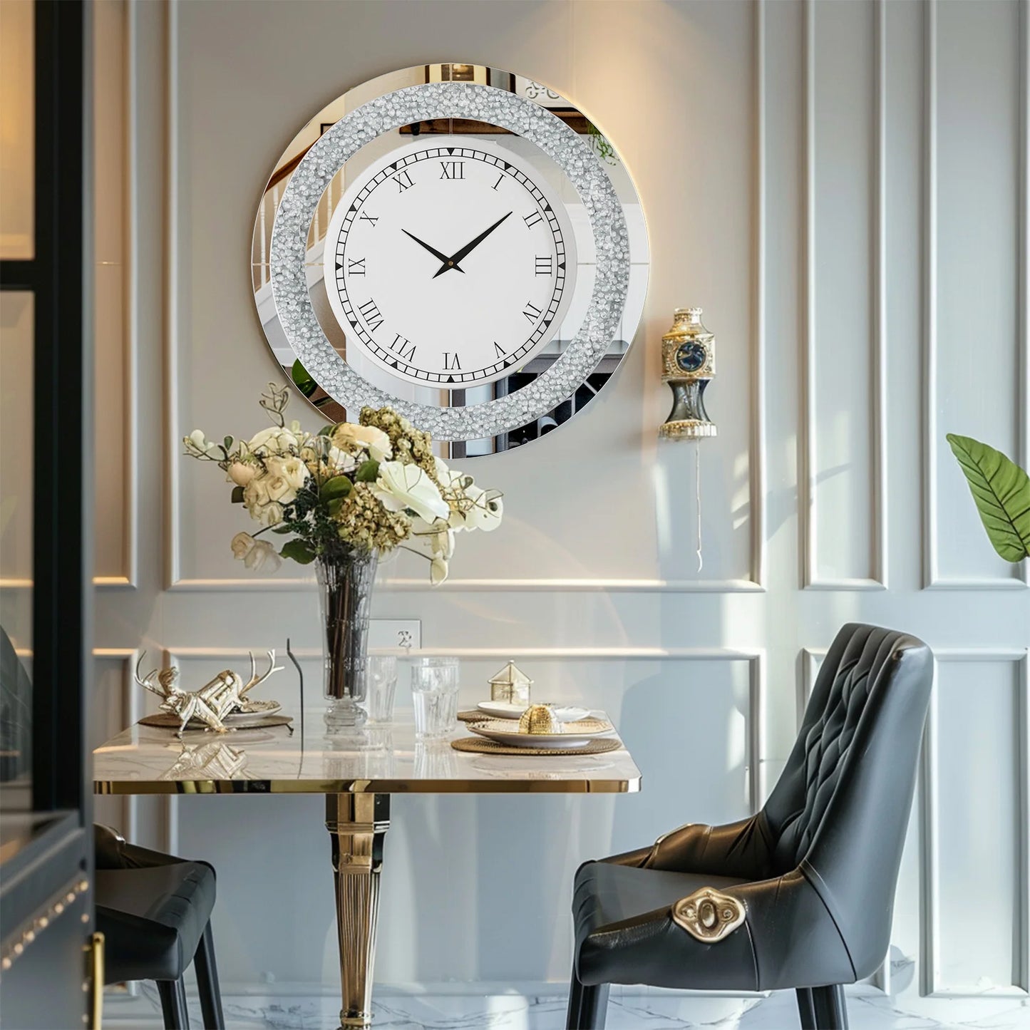 Round Mirror Wall Clock For Living Room Decor Elegant