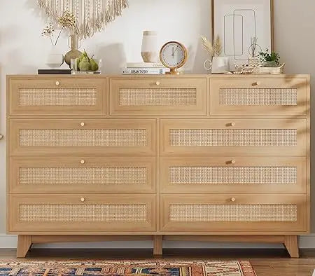 Rattan Dresser with 9 Drawers Natural Finish Modern Wooden Tall Cabinet