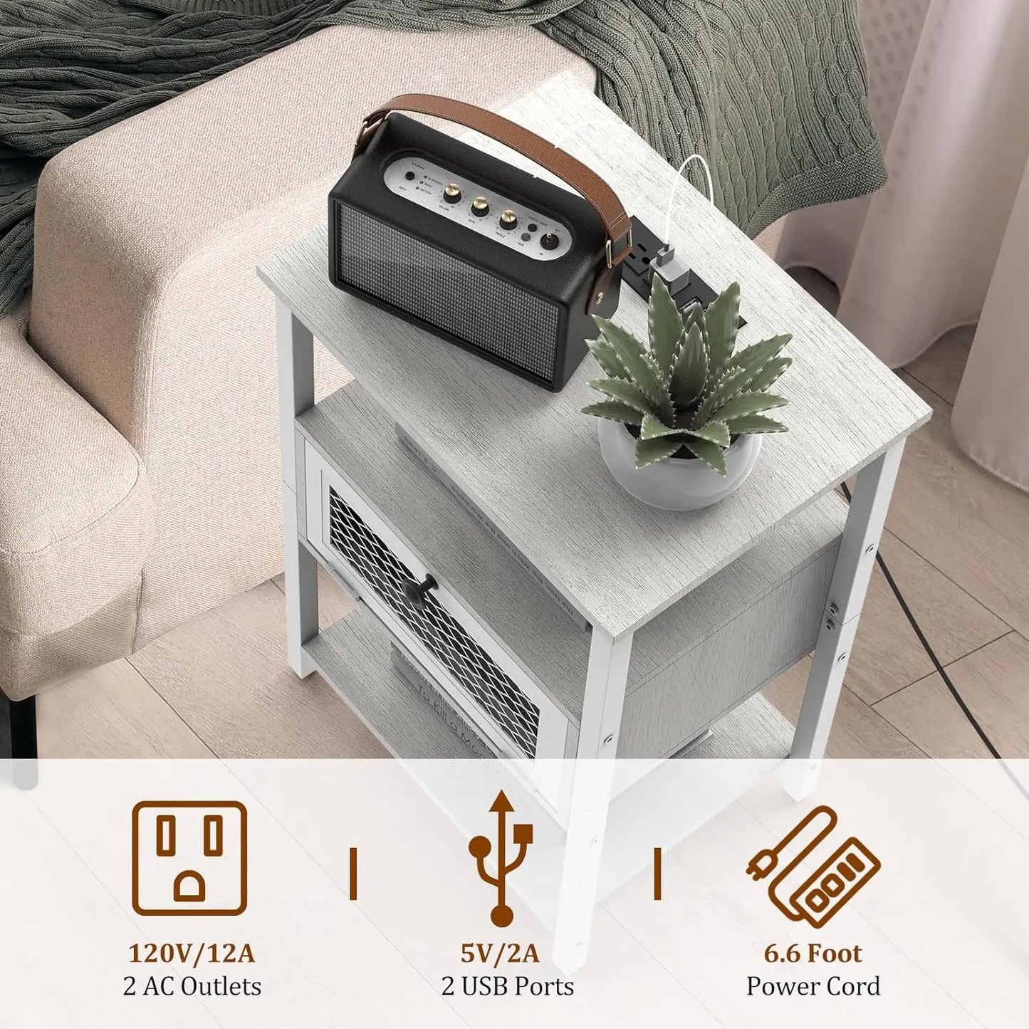 ZISIZ Set of 2 Nightstand Charging Station End Tables