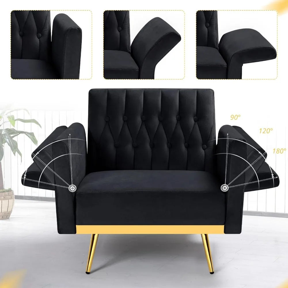 Velvet Accent Chair with Adjustable Armrests Tufted Back and Ottoman