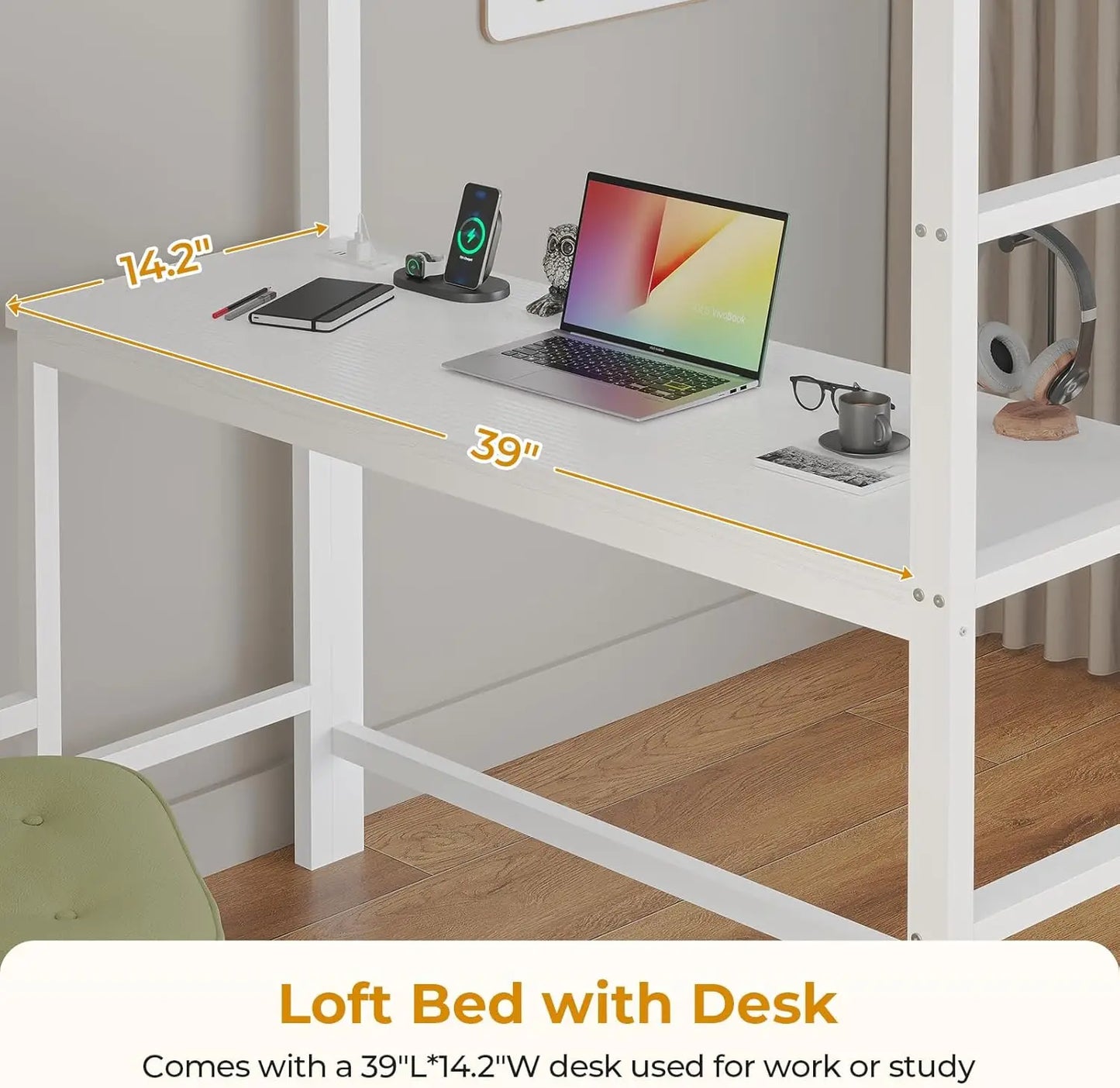 Metal Kids Loft Bed With Integrated Desk, Storage, LED