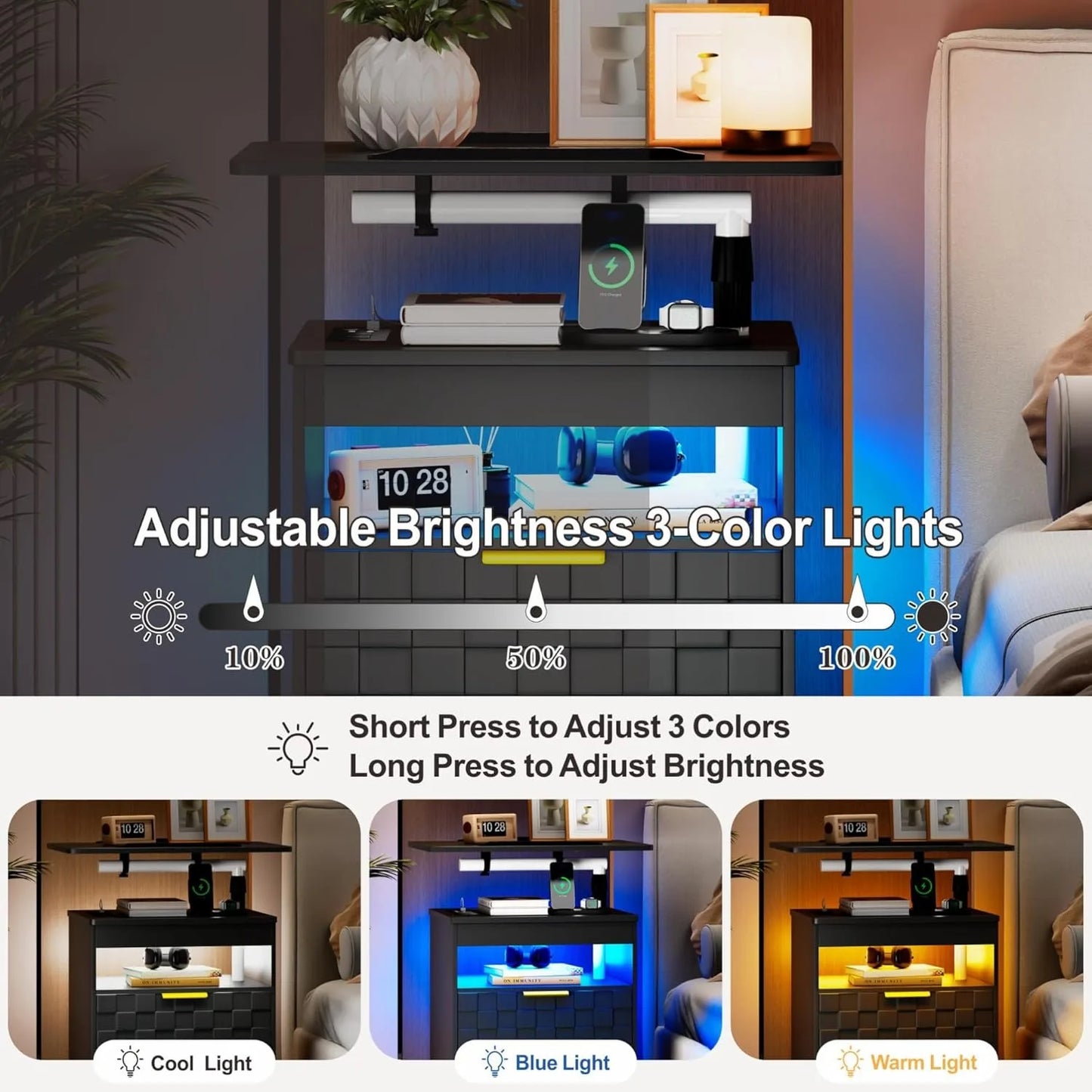 Nightstand Set With Charging Station And LED Drawers Rolling End Table